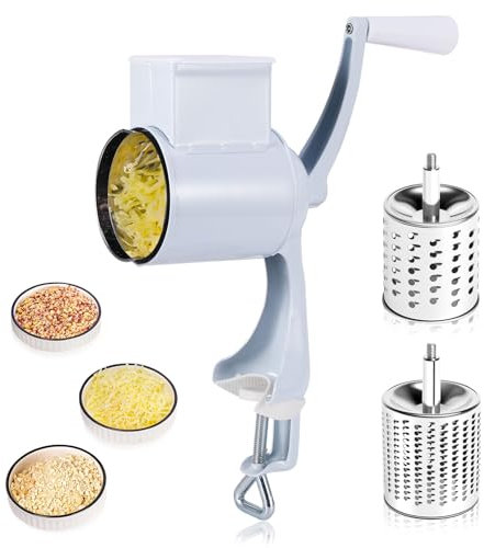 Rotary Cheese Grater, Manual Rotary Grater with Table Clamp & 2 Stainless Steel Grater Barrels, Multifunctional Hand Manual Cheese Grater for Cheese, Nuts, Vegetables