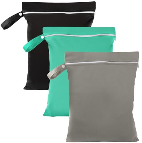 3 Stück Nassbeutel,40 x 30 cmWetbag wasserdichte Wet Bag mit Reißverschluss Wiederverwendbarer Reise Nasssack mit Klein Nasstasche Schwimmen für Badeanzüge/Strandtücher/Windeln (Grau+Grün+Schwarz)