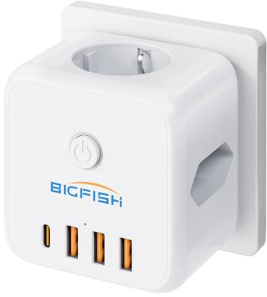 Bigfish Ladron Enchufes USB 7 en 1, Cubo Ladron Enchufe Multiple con 3 USB-A & 1 USB-C, Regleta Enchufes Proteccion Sobretension Pared con Interruptor, Enchufe para Oficina, Cocina y Habitación