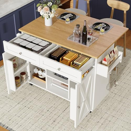 Huayz Moderne Kücheninsel mit Stauraum,Rollende Küchenblock mit versteckten Rollen, Küchenwagen mit Klappbarer Holzmaserung Arbeitsplatte, Insel in die Küche,134 x 45.2(75.4) x 89 cm
