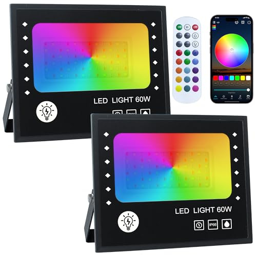 OUSIDE RGB LED Strahler 60W, 2er Set Außen Flutlicht mit 2.4G Fernbedienung & Bluetooth App, 16 Million Farben, 20 Modi, IP66 Wasserdicht Außenstrahler für Garten und Hof