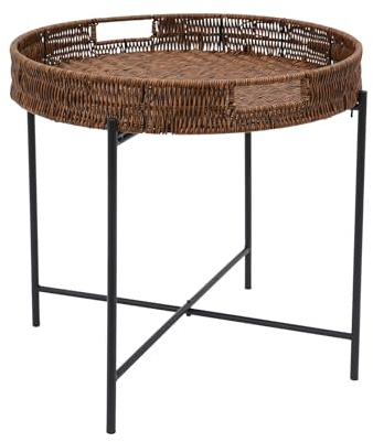 Tyvotrend Beistelltisch Rund, Klappbaren Geflochtener Couchtisch mit Abnehmbarem Tablett, Balkontisch für Couch Wohnzimmer Schlafzimmer Badezimmer Büro, 48x48x42cm