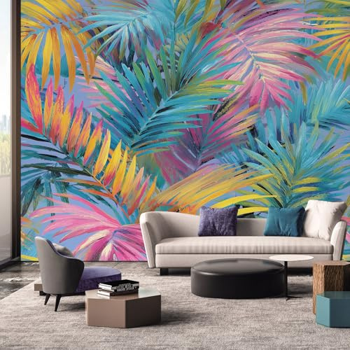 Generisch Papier Peint Panoramique Palmier Chambre Salon Cuisine Intissé, Papier Peint Motif Coloré Feuilles Tropical, Deco Murale Palmier, 315 x 215 cm
