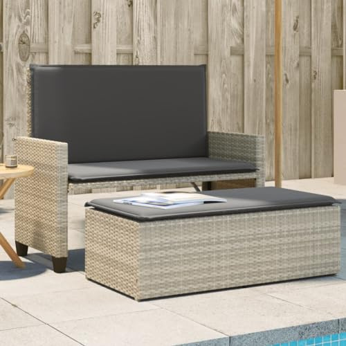 PHGTYUK Gartenbank mit Kissen und Hocker in Hellgrau aus Poly Rattan, 2-in-1 Gartensofa und Schlafsofa, langlebiges PE Rattan, Bequeme gepolsterte Sitzfläche, platzsparender Hocker,