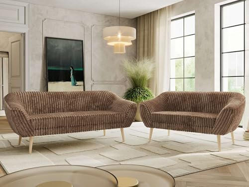 MKS MEBLE Sofagarnitur PIRS 3 + 2 - Couchgarnitur im skandinavischen Design, Gesteppte Polsterung, Wellenfederung, Wohnzimmer Sofa Set - Buche Beine, Braun Cord