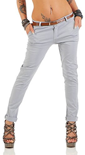 Fashion4Young Damen Skinny Chino Pant Hautenge Treggings Stretch-Stoff Damenhose mit Gürtel