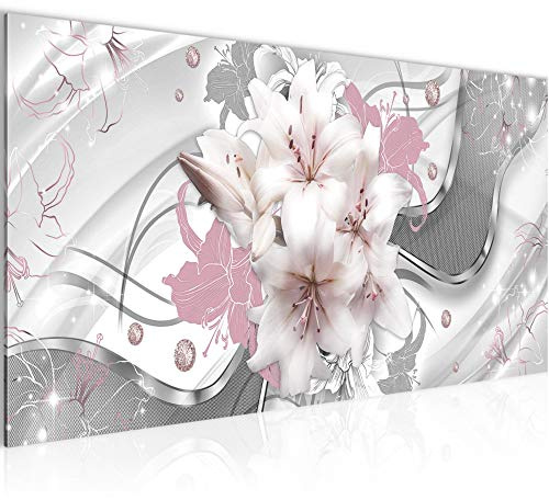 Runa Art Wandbild Blumen Lilien 1 Teilig 100 x 40 cm Modern Bild auf Vlies Leinwand Abstrakt Wohnzimmer Rosa Grau 016112b