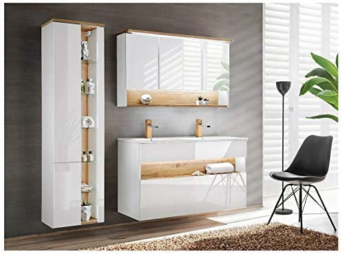 naka24 Badmöbel Set ''Bahama-WEIß 120 Badmöbel mit Doppelwaschbecken Badmöbelset LED (Waschtisch Spiegelschrank Hochschrank)
