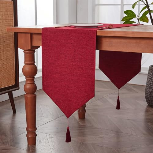 Tischläufer in Rubinrot mit Quasten, 35 x 180 cm, mit Leinenoptik | Weihnachten, outdoor, modern, geburtstag, hochzeit, einschulung, schulanfang, Küche, Esstisch, Innenbereich, Urlaub & Party