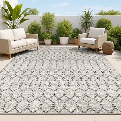 JONATHAN Y SMB108E-5 Ourika Moroccan Geometric Textured Weave Indoor Outdoor Area Rug, Bohemian, Sc&inavian Easy Clean, Bedroom, Kitchen, Backyard, Patio, Non Shed, Light Gray/Black, 150 cm X 240 cm