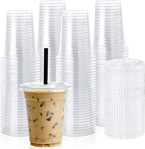 50 x 12oz Reusable Clear Plastic Smoothie Cups with Flat Lids and Straws for Bubble Tea [ 12oz, 340ml ] Ice Coffee Takeaway Cup with Lids, Cold Milkshake Juice Cups