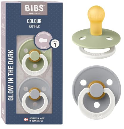 BIBS Colour Glow Schnuller 2er-Pack, BPA-frei. Leuchtet im Dunkeln, Kirschform Nippel. Naturkautschuk/Latex, Hergestellt in Dänemark. Größe 1 | 0+ Monate | 2-Pack, Sage NIGHT/Cloud NIGHT