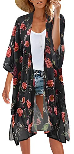 Cardigan kimono da donna con stampa floreale a sbuffo con maniche a maniche corte, Rosa rossa nera, 5XL