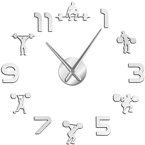 Levantamiento de Pesas Fitness Room Decoración DIY Reloj de Pared Gigante Efecto de Espejo Sin Marco Grande Gym Plata 37 Pulgadas (90cm)
