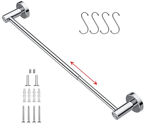Polished Chrome Adjustable Towel Bar 16 to 27.6 Inch, iMomwee 304 Stainless Steel Single Bath Towel Rack, Towel Rail Holder Hanger for Bathroom Wall Mounted, Retractable Towel Rod with S Hooks