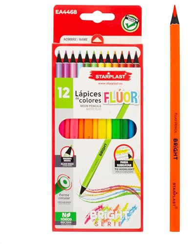 Quijote Paper World 12 LÁPICES DE COLORES FLÚOR - Set de 12 lápices de colores flúor, para dibujo artístico, para colorear. Uso escolar y artístico.