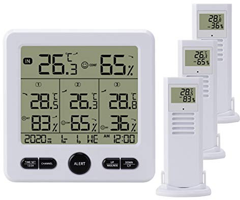Kavolet Station meteo sans fil numérique, Moniteur d'humidité de la température, Thermohygromètre extérieur intérieur, avec 3 capteurs à distance, Fonction d'étalonnage de rétroéclairage et d'alarme