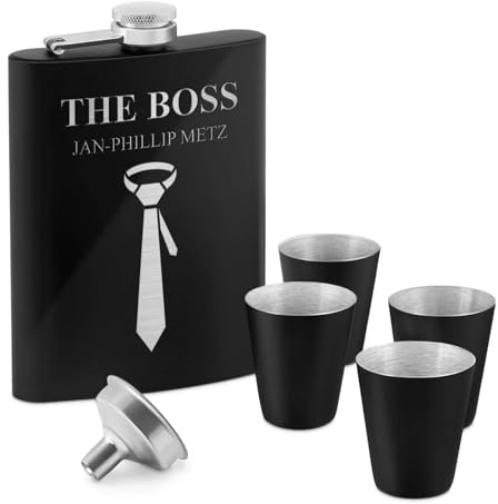 Maverton Flachmann 200 ml mit Gravur - Geschenkset mit 4 Schnapsgläsern 20 ml und Trichter - personalisiert - aus Edelstahl - Schnapsflasche für Männer - Farbe: mattschwarz - Schlips