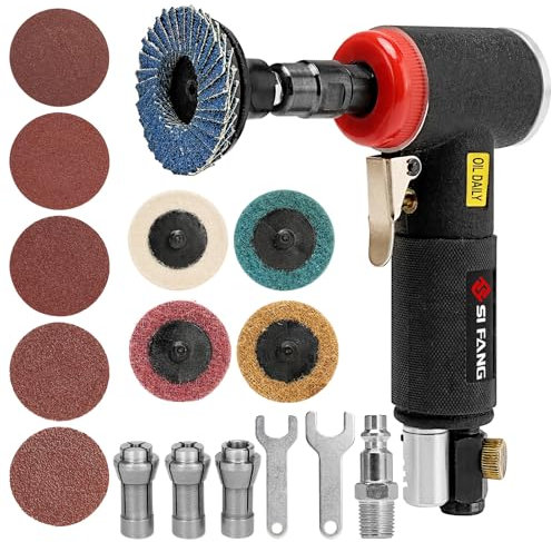 SI FANG 16Pcs Right Angle Air Die Grinder Kit with 1/4 1/8 Collets 2 Inch Quick Change Sanding Discs Accessories, Mini Pneumatic Polisher Sander Grinding, Polishing & Deburring Tools (Black)