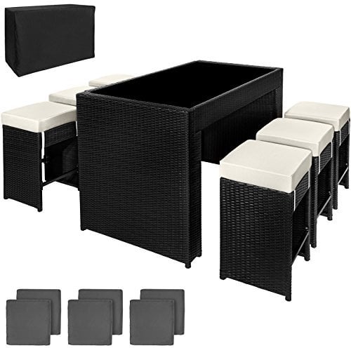 tectake® Bartisch mit Barhocker Set, Polyrattan Gartenbar Set mit Bartisch und 6 Barhocker mit weichen Sitzpolstern, Gartenmöbel Set inkl. Schutzhülle, ideal für Garten, Balkon, Terrasse - schwarz