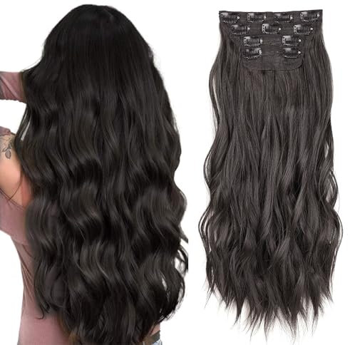 Xtrend 16 Inch Black Brown Wavy Hair Extensions 11Clips in Hair Extensions Synthetic Hair pieces for Women Girls 4PCS Full Head Set Thick Curly Wavy Synthetic Hair Extensions 2#…