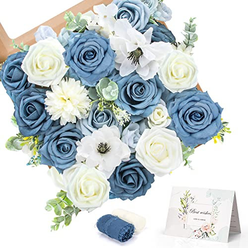 Jubor Fiori artificiali blu, rosa polverosa fiori di seta artificiali per fai da te bouquet da sposa centrotavola composizioni baby shower feste decorazioni per la casa