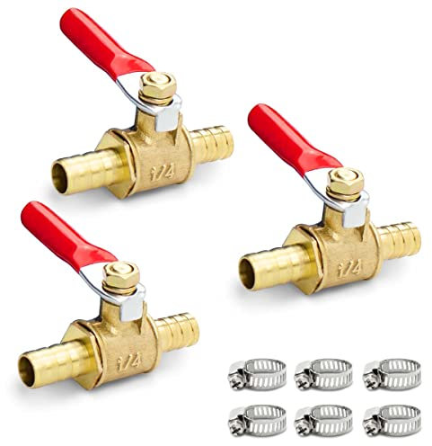 Bwintech 3 Stück 10mm Kugelventil aus Messing mit Widerhaken mit 6 Stück Klemmen, Luft Gas Kraftstoffleitung abgesperrt 180 Grad Betätigungsgriff Ventilrohrverschraubungen