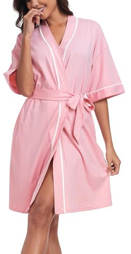 COLORFULLEAF 100% Baumwolle Bademäntel Damen Kurz Leicht Sommer Morgenmantel Kurzarm Sauna Kimono Weiche Dünn Frauen Nachtwäsche(Rosa,S)