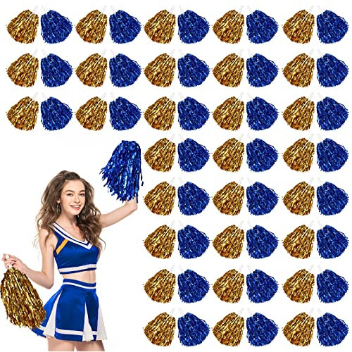 Cheerleading-Pompons, Metall-Folien-Pompons mit Kunststoffgriffen, für Cheerleading-Team, spirituellen Sporttanz (Gold, Blau), 60 Stück