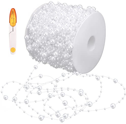 Perlenband 60M, Perlenkette Perlengirlande Weiß Kunstperlen Perlen mit Schere für DIY Handwerk Basteln Party Tischdeko Hochzeit (3mm 8mm Künstliche Perlenkette)