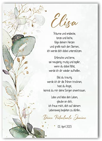 Taufgeschenk Kunstdruck | Taufe Poster | personalisiert | Patenbrief Patenkind | Eukalyptus | Junge oder Mädchen