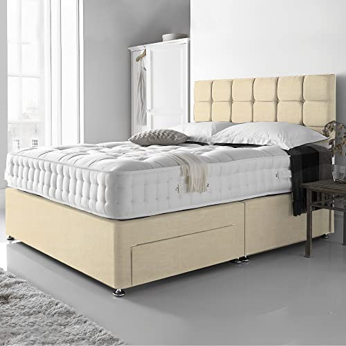 DBZ BEDS Reinforced King Size Bed Set 5 FT with 2000 Series Mattress - Cream Chenille Divan Beds Set with Various Storage Options – 26 Inch Headboard with Chrome Glider Feet (KingSize)