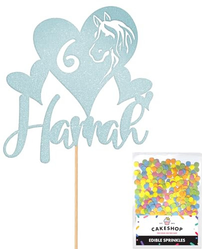 Personalised Horse Pony Love Heart Glitter Cake Topper - Light Blue Custom Age & Name Glitter Cake Decoration and Sprinkles - Happy Birthday Decorations - Personalised Toppers for Cakes by Cakeshop