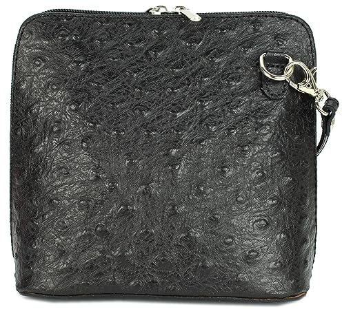 Belli italienische Ledertasche Damen Umhängetasche klein Handtasche Schultertasche Abendtasche in schwarz Straußprägung - 17x16,5x8,5 cm (B x H x T)