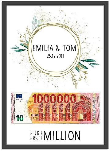 OWLBOOK® Hochzeitsgeschenke für Brautpaar Geld | Geldgeschenk Hochzeit | Geschenk Hochzeit Geld | Geldgeschenke zur Hochzeit | Geld schön verpacken | Bilderrahmen | Eure erste Million Kreis