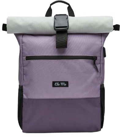 Ela Mo® Rolltop Rucksack Damen - Rollrucksack Anti Diebstahl für Sport & Reisen - Laptoprucksack für Schule, Uni, Business - Mit USB Anschluss & kompaktem Flaschenhalter - Lavender