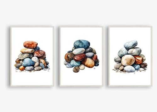 Din A4 Kunstdruck ohne Rahmen 3er Set - Kieselsteine - Zen Steine Stein Kiesel Spa - Aquarell - Bild Poster Druck