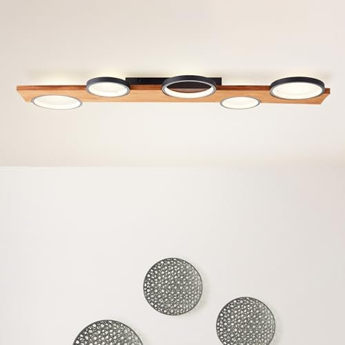 Lightbox LED Deckenlampe im Nature Stil - Deckenleuchte mit 3 Stufen Dimmer & 5 LED-Ringe am Holz Balken - 95,5 cm Breite & 28 cm Länge - max. 4600 lm, 6000 K - aus Kiefernholz/Metall in Schwarz/Braun
