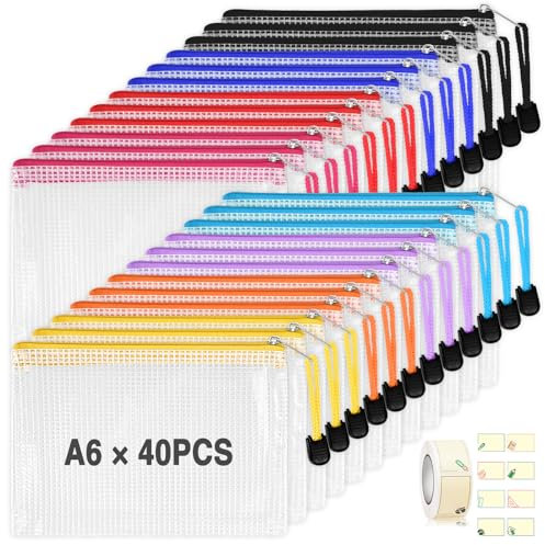 TUFA Buste Plastica Zip, 40 Pezzi A6 Sacchetto di Zip Impermeabile, Borse di File Mesh, Trasparenti Cartelline Portadocumenti per Documenti, Ricevute, Cosmetici, Materiale Scolastico