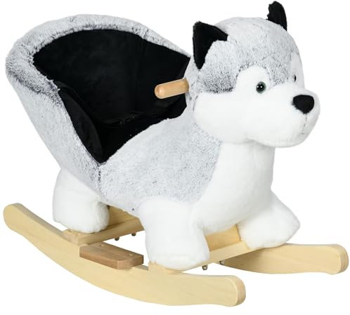 HOMCOM Schaukeltier Schaukelhunde Baby Schaukelstuhl mit Beckengurt, Soundfunktion, Kinderschaukelstuhl mit Kufen, Griffen, Samtoptik, Babyschaukel für Kinder 1,5 bis 3 Jahre