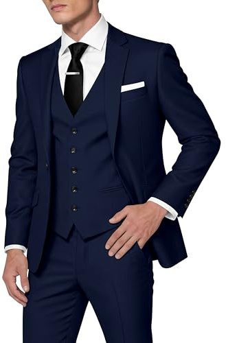 HUUTOE Men's 3 Piece Suits Slim Fit Wedding Suits for Men Prom Dress Suit Summer Blazer Jacket Vest Pants Tuxedo Set Men, Navy Blue, S