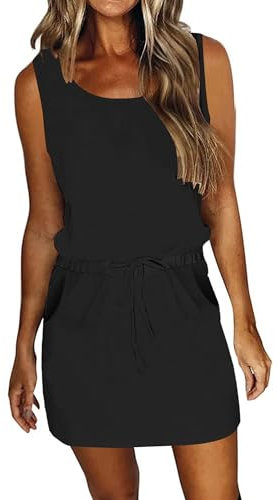 AUSELILY Strandkleid Damen Luftig Ärmellose Leichte Sommerkleider Kordelzug Hohe Taille Swing Mini Kleider mit Taschen