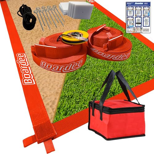 Boardee Beachvolleyball-Spielfeld-Linien, verstellbar und tragbar, für Sand und Gras, inklusive Tasche und Maßband, 5,1 x 66,3 x 132,6 cm, Klettverschluss, langlebig, offizielles wetterfest, Rot
