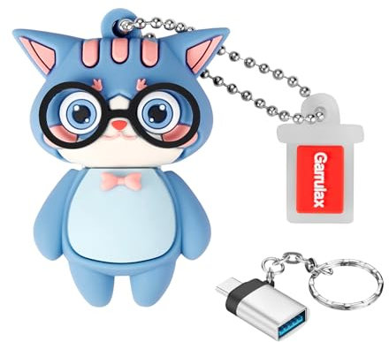 GARRULAX USB 3.0 Flash Laufwerke, wasserdichte Silikon High Speed USB 3.0 Datenspeicher Laufwerk Memory Stick Pen Disk Pendrive mit OTG Typ C Adapter(Blue Cat,128GB)