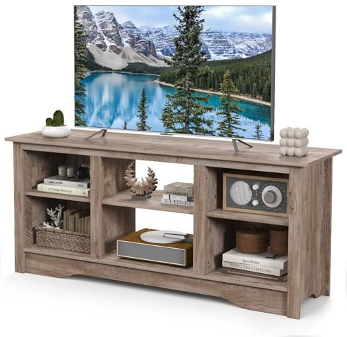COSTWAY TV Stand for TVs up to 65 Inch, Wooden TV Cabinet Media Entertainment Center with Adjustable Shelves, 147cm Living Room Bedroom TV Unit Console Table for 18 Electric Fireplace (Grey)