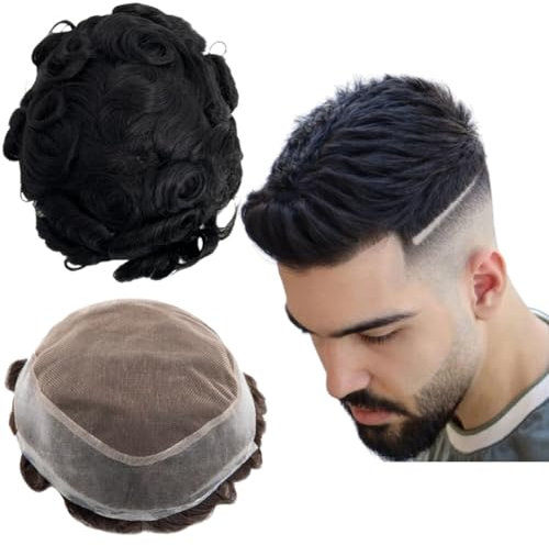 Toupee für Männer - Menschhaarperücke Europäische Jungfrau, Lockige Welle, Echtes Haar Ersatzsystem für Mann AUS Patch (6x9)