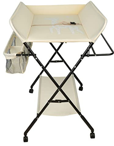 Tables à langer,Table à langer et Baignoire pour bébé, Table à Langer Pliable et Portable pour Bébé avec 4 roulettes,avec Panier de Rangement à Côté Charge Maximale de 25 kg (Beige)