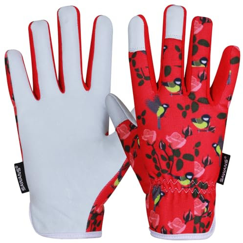 SAWANS Guantes de Jardinería de Cuero Damas Hombres Mujeres Aparejador a Prueba de Espinas Guantes de Trabajo de Seguridad para jardín Construcción Transpirable Multiusos (Rojo, S (paquete de 1))