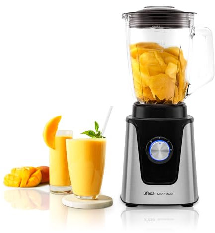 Ufesa Blender Moonstone, Puissance 1500 W, Bol en Verre de 1,5 L, Contrôle de Vitesse avec Lumière LED, Broyeur à Glace, 6 Lames Amovibles en Titane, 2 Vitesses + TURBO
