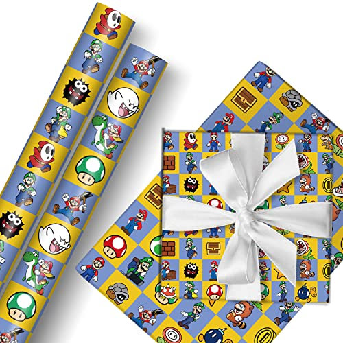 MAJEQZGY Mario Geschenkpapier 2 Rollen 43 cm x 3 m Geschenkpapier Langlebig Geschenk Papier Pack für Kindergeburtstag, Party Aufbewahrung Festliche Dekoration (Grid Jump)